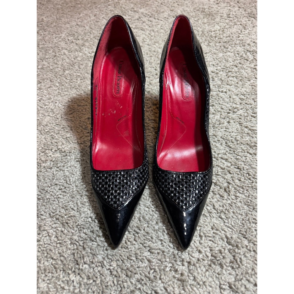 Cesare Paciotti Black Woven Patent Leather Pointed Toe Pumps Red Bottoms 36